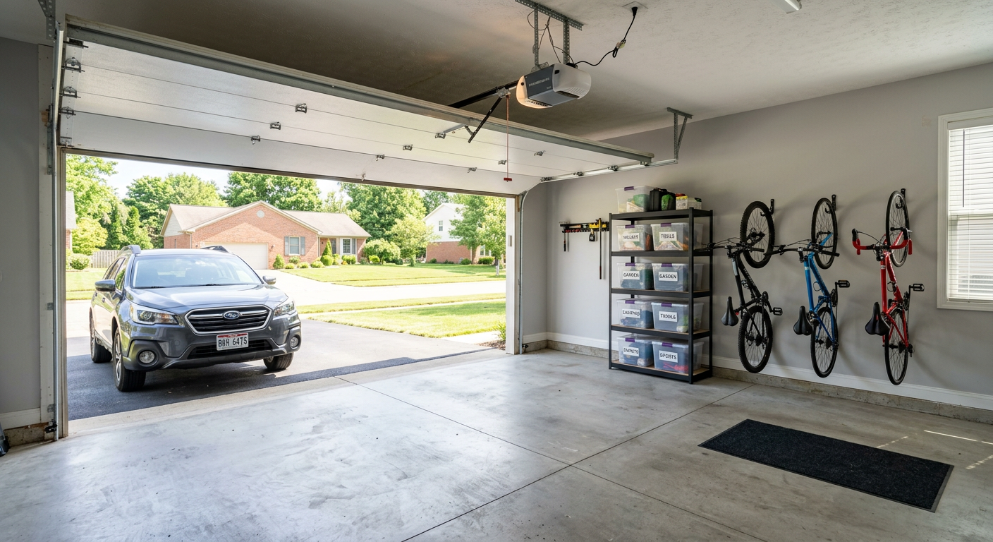A clean two-car garage with an SUV parked inside and neatly shelved storage bins