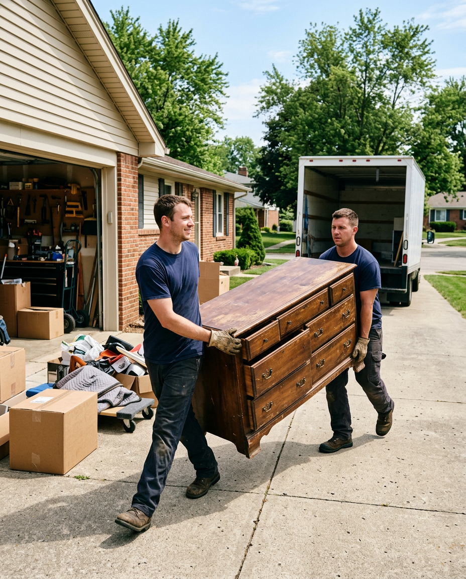 Two crew members carrying an old dresser out of a garage toward a truck