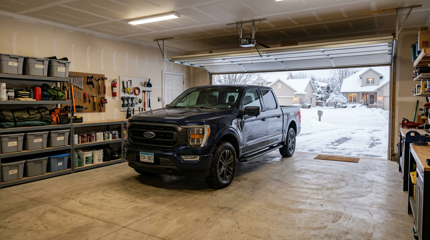 A pickup truck parked inside a clean garage while snow covers the driveway outside