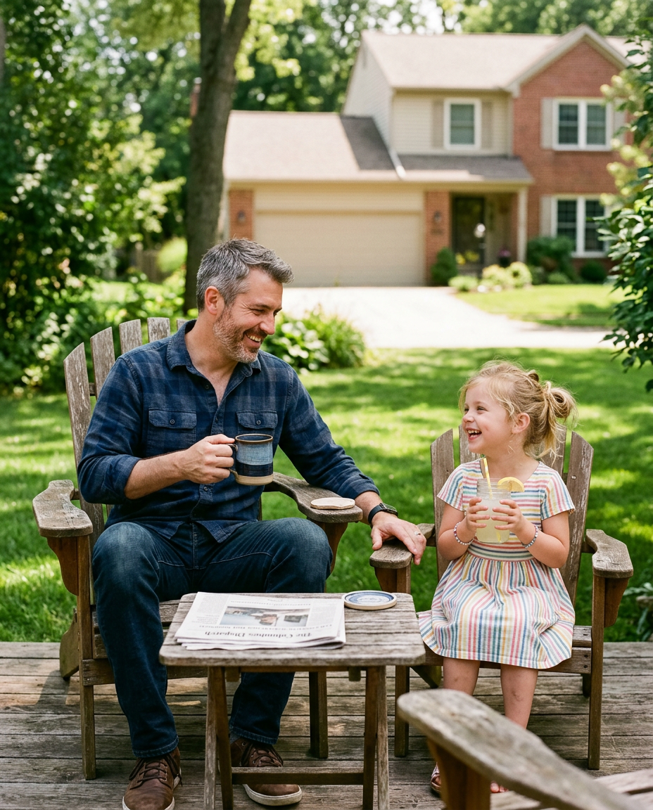 A father and daughter relaxing in backyard chairs on a sunny Saturday morning