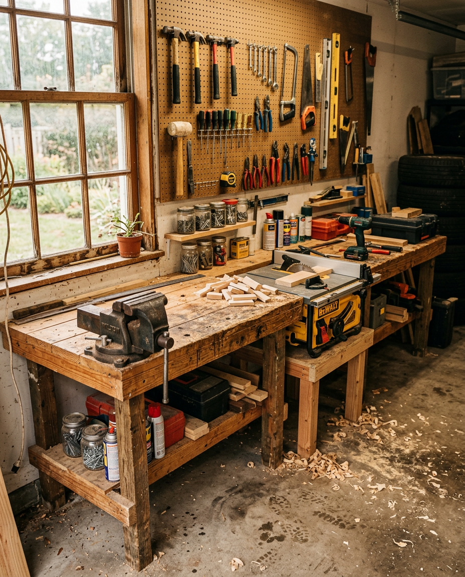 A home garage workbench with a vise and hand tools on a pegboard wall